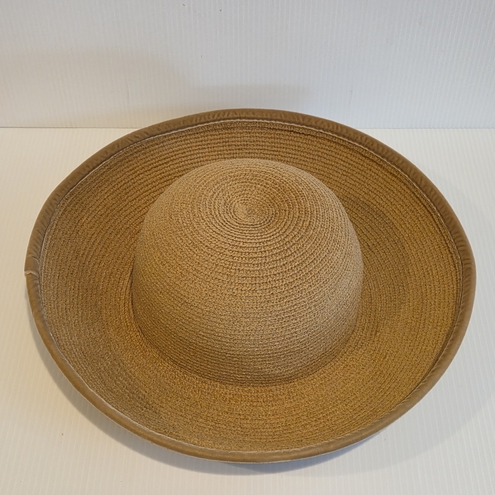 Vintage Kokin Straw Sun Hat Wide Brim Cap Beige Couture Round Crown Packable OS - Picture 2 of 16